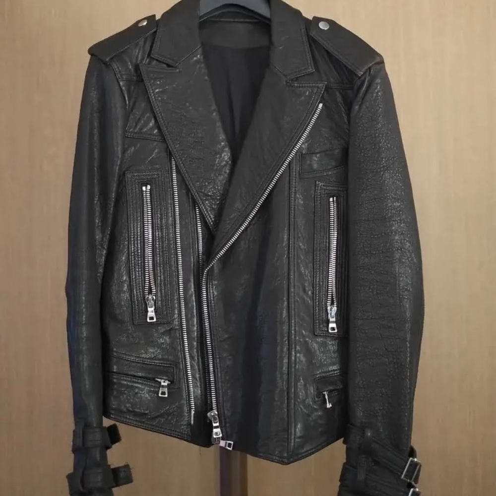 Men’s Balmain Dark Brown Pebble Leather Perfecto Biker Jacket
